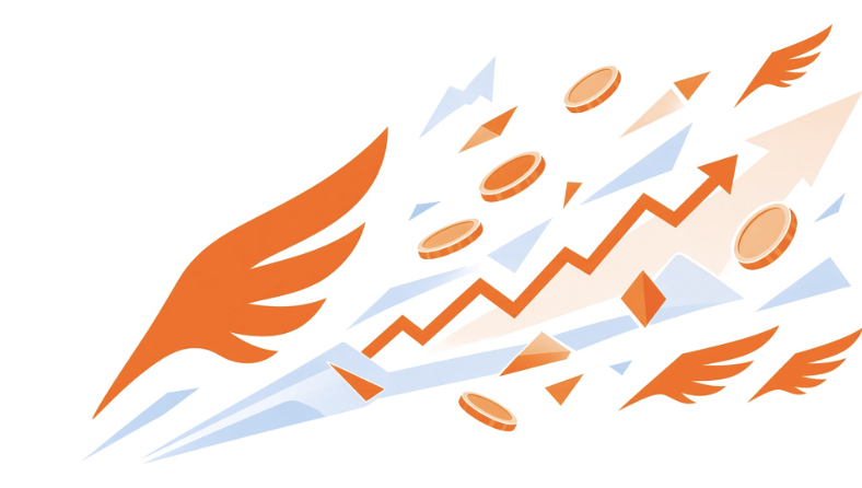 A rising arrow with wings, trailing coins